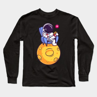 Cute Astronaut Eating Snack On Moon Cartoon Long Sleeve T-Shirt